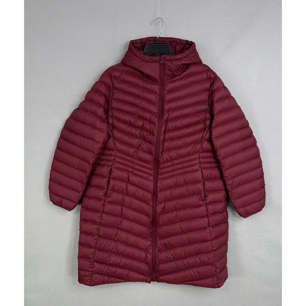 Lands End Coat Womens 1X Red Down Puffer Hooded Quilted Mid Length Winter